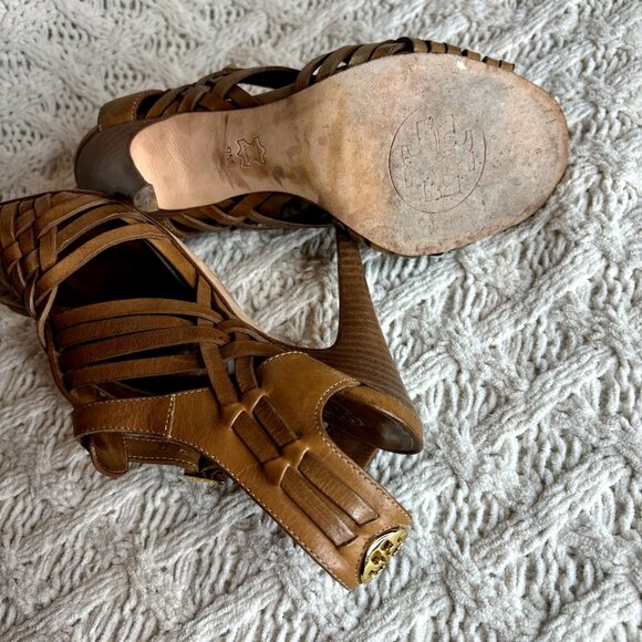 Tory Burch Nadia Huarache Sandals Women's 9 M Tan Leather Open Toe Heels‎ Logo - Picture 11 of 11